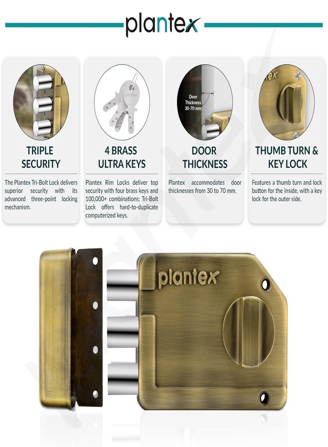Plantex Tri-Bolt Lock for Main Door/Heavy Duty Door Lock with 4 Keys/Suitable on Single Door for Home/Office/Hotel - Pack of 1 (Brass Antique) - Image 3